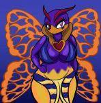  anthro arthropod bee big_breasts breasts cleavage clothed clothing female hand_on_hip hi_res hymenopteran insect insect_wings kirby_(series) looking_at_viewer narrowed_eyes nintendo non-mammal_breasts purple_background purple_body purple_eyes queen_sectonia simple_background solo someth1ngoranother standing swimwear thick_thighs video_games wide_hips wings 