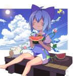  1girl :t ahoge arms_up barefoot blue_dress blue_hair blue_sky blush_stickers cirno closed_eyes cloud commentary day dress eating eyebrows_visible_through_hair flower food foot_out_of_frame fruit hair_ribbon highres holding holding_food kayari_buta leg_lift lens_flare morning_glory outdoors pinafore_dress puffy_short_sleeves puffy_sleeves ribbon shirt short_dress short_hair short_sleeves sitting sky solo sun touhou tsuri_buta watermelon white_shirt wind_chime wings 