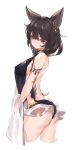  animal_ears bangs bare_shoulders black_hair blush braid closed_eyes earrings eyebrows eyebrows_visible_through_hair granblue_fantasy hair_between_eyes highres jewelry long_hair looking_at_viewer majo_(pastamajo) nier_(granblue_fantasy) red_eyes simple_background swimsuit 