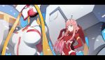  1girl :q bangs blunt_bangs bodysuit commentary darling_in_the_franxx finger_to_cheek green_eyes hairband hand_on_hip highres horns letterboxed long_hair looking_at_viewer mecha pilot_suit pink_hair red_bodysuit red_horns reisun001 strelizia tongue tongue_out upper_body zero_two_(darling_in_the_franxx) 