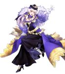  1girl amagai_tarou bangs book closed_mouth dress elbow_gloves fire_emblem fire_emblem:_three_houses fire_emblem_heroes full_body fur_collar fur_trim gloves hair_ornament hat highres holding holding_book lips long_dress long_hair long_skirt lysithea_von_ordelia official_art purple_eyes purple_footwear silver_hair simple_background skirt strapless strapless_dress tied_hair transparent_background white_gloves white_legwear 