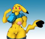  2019 anthro anthrofied big_breasts bluedraggy bodily_fluids breasts cleft_tail clothed clothing clothing_lift danonymous exposing female genitals hi_res inverted_nipples mammal monochrome nintendo nipples pants_down partially_clothed pikachu pok&eacute;mon pok&eacute;mon_(species) pussy rodent shirt shirt_lift simple_background solo standing sweat topwear video_games white_background 