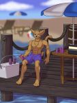  absurd_res anthro artbypercy ball beach beach_ball beach_umbrella beverage beverage_can body_hair chest_hair chest_tuft clothed clothing cooler dock fur hi_res holding_object humanoid lake male muscular muscular_anthro muscular_male radio seaside sitting sitting_on_chair smile soda solo swimming_trunks swimwear tuft water webcomic 
