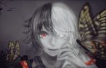  1boy black_hair bug butterfly grey_background hand_up heterochromia insect kan_(mi) looking_at_viewer male_focus multicolored_hair open_mouth pale_skin red_eyes stitches suzuya_juuzou tokyo_ghoul tokyo_ghoul:re two-tone_hair white_eyes white_hair yellow_butterfly 