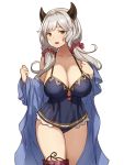  1girl bangs bare_shoulders black_panties blush breasts brown_eyes camieux camisole cleavage collarbone cowboy_shot draph dynamite granblue_fantasy hair_ornament hair_scrunchie highres horns houtengeki large_breasts long_hair looking_at_viewer low_twintails open_mouth panties scrunchie silver_hair simple_background solo thighs twintails underwear white_background 