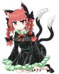  1girl :3 animal_ears bangs black_bow black_dress black_footwear black_legwear black_tail bow braid breasts cat_ears cat_tail chups closed_mouth dress extra_ears eyebrows_visible_through_hair frilled_dress frilled_sleeves frills full_body green_frills hair_bow highres kaenbyou_rin long_sleeves looking_at_viewer multiple_tails nekomata red_eyes red_hair red_nails red_neckwear seiza shoe_bow shoes short_hair simple_background sitting solo tail touhou twin_braids two_tails white_background 