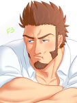  1boy :t beard blue_eyes blush brown_hair chest close-up facial_hair fate/grand_order fate_(series) goatee highres male_focus muscle napoleon_bonaparte_(fate/grand_order) open_clothes open_shirt pectorals pout sideburns simple_background solo suzuki80 unbuttoned 