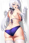  1girl ass azur_lane bangs bikini blue_bikini blue_eyes blush breasts commentary_request elbow_gloves eyebrows_visible_through_hair from_behind gloves greenkohgen hair_ribbon highres illustrious_(azur_lane) large_breasts long_hair looking_at_viewer looking_back mole mole_on_ass mole_under_eye open_mouth ribbon solo standing swimsuit tears thighhighs thighs tress_ribbon tri_tails very_long_hair white_gloves white_hair white_legwear 