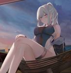  1girl ak-12_(girls_frontline) bare_shoulders blush breasts choker commentary_request crossed_legs drink frown girls_frontline hand_on_own_knee highres large_breasts off_shoulder one-piece_swimsuit ponytail purple_eyes ru_zhai silver_hair sitting solo sunset swimsuit thigh_strap underboob wicker_furniture 