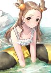  1girl blush brown_eyes brown_hair dress e-co frilled_dress frills gym_leader hair_ornament long_hair looking_at_viewer mikan_(pokemon) partially_submerged pokemon rock smile solo two_side_up water white_dress 