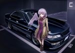  1girl 3books absurdres bangs car commentary eyebrows_visible_through_hair ground_vehicle highres kishin_sagume looking_to_the_side motor_vehicle nissan nissan_laurel purple_eyes single_wing touhou vehicle_focus wings 