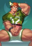  1boy animal_ears bangs bara beard brown_hair chest erection facial_hair forked_eyebrows glowing_horns goatee horns jiajiuli looking_at_viewer male_focus muscle native_american pectorals penis short_hair simple_background smile solo sportswear testicles thick_eyebrows tokyo_houkago_summoners upper_body wakan_tanka 