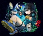  1boy absurdres bubble camera fish_food food glasses headphones headphones_around_neck highres holding holding_camera holding_food jacket kurobuta_wagyu male_focus original seaweed shoes shorts sitting socks solo tin_can tropical_fish 