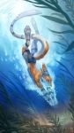  2020 4_toes 5_fingers 9:16 anthro clothed clothing digital_media_(artwork) eyes_closed fingers fur hi_res male orange_body orange_fur sergal smile solo toes topless underwater water zephra 