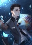  1boy android arethusa_smile belt black_hair brown_eyes bubble connor_(detroit) detroit:_become_human expressionless highres jacket looking_at_viewer male_focus necktie open_clothes pants shirt solo tropical_fish underwater upper_body 