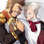  2boys beard blue_eyes brown_hair chest commentary_request epaulettes facial_hair fate/grand_order fate_(series) fighting_stance gloves grey_hair highres james_moriarty_(fate/grand_order) long_sleeves male_focus military military_uniform multiple_boys muscle mustache napoleon_bonaparte_(fate/grand_order) pectorals scar simple_background smile staff suzuki80 teeth uniform vest 