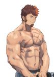  1boy abs alternate_hairstyle bara beard blue_eyes brown_hair chest facial_hair fate/grand_order fate_(series) goatee highres male_focus monmonhomon muscle napoleon_bonaparte_(fate/grand_order) pectorals scar shirtless sideburns sketch solo white_background 