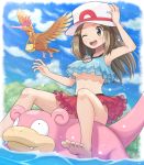  1girl absurdres afloat arm_up armpits barefoot blue_(pokemon) blush brown_hair cloud commentary_request day eyelashes fearow gen_1_pokemon hand_on_headwear hand_up highres long_hair one_eye_closed open_mouth outdoors pokemoa pokemon pokemon_(game) pokemon_frlg red_skirt riding_pokemon sitting skirt sky slowpoke soles teeth toes tongue upper_teeth water white_headwear 