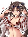  1girl anger_vein bangs bare_shoulders bikini breasts brown_eyes brown_hair capelet cleavage collarbone consort_yu_(fate) double_v earrings eyewear_on_head fate/grand_order fate_(series) hair_ornament hands_up haura_akitoshi jewelry long_hair medium_breasts multiple_earrings navel open_clothes sunglasses swimsuit twintails v very_long_hair white_bikini white_capelet yu_miaoyi_(swimsuit_lancer) 