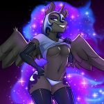  1:1 anthro big_breasts black_body breasts clothed clothing clothing_lift equid female friendship_is_magic hasbro hi_res horn kennzeichen legwear mammal my_little_pony nightmare_moon_(mlp) nipples panties shirt shirt_lift solo thigh_highs topwear underwear wide_hips winged_unicorn wings 