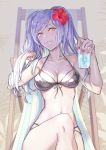  1girl bikini black_bikini breasts cleavage closed_mouth cup fire_emblem fire_emblem_awakening flower glass grima_(fire_emblem) hair_flower hair_ornament holding holding_cup nail_polish red_eyes robin_(fire_emblem) robin_(fire_emblem)_(female) sitting solo swimsuit t_misaomaru twintails white_hair 