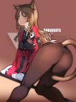 1girl absurdres animal_ears arknights ass bangs black_neckwear black_ribbon black_vest breasts brown_background brown_eyes brown_hair brown_legwear cat_ears cat_tail commentary copyright_name eyebrows_visible_through_hair feet_out_of_frame highres jacket long_hair long_sleeves medium_breasts neck_ribbon open_clothes open_jacket pantyhose red_jacket ribbon skyfire_(arknights) sleeves_past_fingers sleeves_past_wrists solo tail thighs vest yykuaixian 