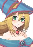  1girl atsuyah0310 bangs bare_shoulders blonde_hair blue_headwear blush blush_stickers breasts cleavage closed_mouth collarbone commentary_request dark_magician_girl duel_monster green_eyes hair_between_eyes hat long_hair looking_at_viewer smile solo upper_body wizard_hat yuu-gi-ou 