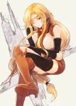  1girl absurdres armor black_gloves blonde_hair boots brigid_(fire_emblem) brown_eyes closed_mouth commission commissioner_upload dress elbow_gloves fingerless_gloves fire_emblem fire_emblem:_genealogy_of_the_holy_war gloves headband highres hisona_(suaritesumi) huge_filesize kneehighs long_hair low-tied_long_hair one_eye_closed simple_background very_long_hair 