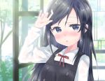  1girl :o arm_up asashio_(kantai_collection) bad_hands bangs black_dress black_hair blue_eyes blurry blurry_background blush bow collared_shirt commentary_request depth_of_field dress eyebrows_visible_through_hair k_hiro kantai_collection long_hair long_sleeves looking_at_viewer nose_blush parted_lips red_bow remodel_(kantai_collection) shirt sleeveless sleeveless_dress solo sweat swept_bangs upper_body very_long_hair white_shirt 