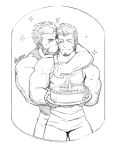  2boys abs absurdres bara beard birthday birthday_cake blush cake cheek_kiss chest commission facial_hair fate/grand_order fate_(series) food frame greyscale heart highres hug hug_from_behind iskandar_(fate) kiss male_focus monochrome multiple_boys muscle napoleon_bonaparte_(fate/grand_order) one_eye_closed pectorals sketch standing star_(symbol) tank_top third-party_source upper_body white_background whyhelbram yaoi 