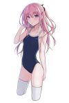  1girl barrette blue_swimsuit blush breasts collarbone eyebrows_visible_through_hair girls_frontline hair_between_eyes hair_ribbon hand_in_hair highres long_hair looking_at_viewer pink_hair purple_eyes qb_516 ribbon small_breasts solo st_ar-15_(girls_frontline) swimsuit thighhighs white_background white_legwear 