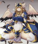  1girl alder angel armor bare_shoulders blonde_hair blue_eyes blush breastplate commentary_request covered_navel cross feathered_wings feathers heavy_breathing highres holding holding_shield long_hair looking_at_viewer monster_girl monster_girl_encyclopedia multiple_wings pauldrons shield shoulder_armor simple_background sitting skirt smile solo symbol_commentary teeth valkyrie valkyrie_(monster_girl_encyclopedia) wings 