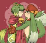  ambiguous_gender arno bell belly clothing collar duo fur green_body green_fur green_hair hair hat headgear headwear human humanoid kutty long_ears male mammal pigtails red_clothing red_hat red_headwear red_scarf scarf simple_background starrberry summon_night tan_belly 
