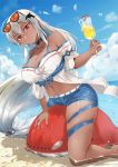  1girl arknights arm_support bangs bare_shoulders barefoot black_choker blue_shorts blue_sky blush breasts chinese_commentary choker cleavage cloud commentary_request cup cupping_glass day drinking_straw eyewear_on_head hair_between_eyes hair_ornament highres holding holding_cup kneeling large_breasts long_hair looking_at_viewer low-tied_long_hair nail_polish navel no_hat no_headwear off-shoulder_shirt off_shoulder red_eyes shirt short_shorts short_sleeves shorts silver_hair skadi_(arknights) sky smile solo stomach sunglasses tan thigh_strap thighs very_long_hair whale_hair_ornament white_shirt xiaochentan 