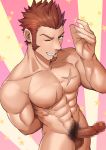  1boy abs bara beard blue_eyes brown_hair censored chest erection facial_hair fate/grand_order fate_(series) goatee grin highres looking_at_viewer male_focus muscle napoleon_bonaparte_(fate/grand_order) nude ohutongoro one_eye_closed pectorals penis scar sideburns simple_background smile solo teeth testicles upper_body 