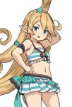  1girl :d arm_behind_head arm_up bangs bikini bikini_skirt blonde_hair blue_eyes charlotta_fenia cowboy_shot flat_chest full_body granblue_fantasy hand_on_hip harvin houtengeki long_hair looking_at_viewer navel open_mouth pointy_ears simple_background smile solo striped striped_bikini swimsuit very_long_hair white_background 