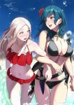  2girls :d bangs bare_arms bare_shoulders bikini black_bikini blue_eyes blue_hair blue_sky blush breasts byleth_(fire_emblem) byleth_(fire_emblem)_(female) cleavage collarbone dagger day edelgard_von_hresvelg eye_contact fire_emblem fire_emblem:_three_houses fire_emblem_heroes flower forehead frilled_bikini frills groin hair_ribbon hibiscus highres jewelry large_breasts leaning_forward locked_arms long_hair looking_at_another mueririko multiple_girls navel necklace nose_blush open_mouth outdoors parted_bangs purple_eyes purple_ribbon red_flower ribbon sheath silver_hair sky smile stomach swimsuit thigh_gap thighs wading water weapon wristband yuri 