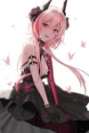  1girl black_dress black_gloves blush breasts bug butterfly dress eyebrows_visible_through_hair girls_frontline gloves hair_ornament highres insect long_hair looking_at_viewer m4_sopmod_ii_(girls_frontline) open_mouth pink_eyes pink_hair qb_516 small_breasts solo white_background 
