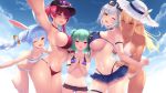  5girls animal_ears bikini blonde_hair blue_bikini blue_hair braid breasts bunny_ears cait cleavage cloud commentary_request dark_elf double_bun elf eyewear_on_head fang girl_sandwich green_hair hat heart heart-shaped_eyewear heterochromia highleg highleg_bikini highres hololive hololive_fantasy houshou_marine large_breasts microskirt multiple_girls navel one_eye_closed open_mouth orange_eyes pointy_ears purple_bikini red_bikini red_eyes red_hair sandwiched shiranui_flare shirogane_noel silver_hair skirt sky small_breasts sun_hat swimsuit uruha_rushia usada_pekora white_bikini yellow_eyes 