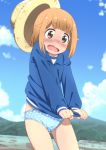  1girl ass_visible_through_thighs blue_panties blush brown_eyes brown_hair cameltoe collarbone eyebrows_visible_through_hair hat highres houkago_teibou_nisshi jacket looking_at_viewer miyajima_hitoshi open_mouth outdoors panties pants pants_removed polka_dot polka_dot_panties shiny shiny_hair short_hair sky solo straw_hat tears tsurugi_hina underwear wavy_mouth 