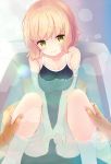  1boy 1girl bangs bathing bathtub blonde_hair blue_swimsuit blush breasts cleavage collarbone competition_school_swimsuit eyebrows_visible_through_hair green_eyes hetero komone_ushio leg_hold legs looking_at_viewer misaki_(komone_ushio) mixed_bathing original pov short_hair sitting smile solo_focus steam swimsuit thighs wet 