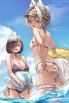  :d adjusting_clothes adjusting_swimsuit animal_ear_fluff animal_ears ass ball bare_arms bare_shoulders beachball bikini black_bikini black_hair black_headwear blue_sky braid breasts cleavage cloud dated day fang fangs fox_ears fox_girl fox_tail grey_hair hair_bun hair_intakes hair_over_one_eye highres holding holding_ball horns innertube large_breasts mole mole_under_eye oni oni_horns open_mouth original outdoors purple_eyes red_eyes short_eyebrows short_hair side-tie_bikini sidelocks signature single_horn sky small_breasts smile standing suzuno_(bookshelf) swimsuit tail thick_eyebrows twitter_username upper_teeth visor_cap wading water wet white_bag 