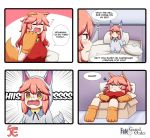  /\/\/\ 2girls animal_ear_fluff animal_ears bell bell_collar box breasts cat_paws collar cosplay dual_persona ears_down english_text engrish_text fangs fate/grand_order fate_(series) fou_(fate/grand_order) fou_(fate/grand_order)_(cosplay) fox_ears fox_girl fox_tail gloves highres jingle_bell keita_naruzawa large_breasts looking_at_another minigirl multiple_girls open_mouth paw_gloves paw_shoes paws pink_hair ranguage red_shirt shirt shoes speech_bubble tail tamamo_(fate)_(all) tamamo_cat_(fate) tears yellow_eyes 