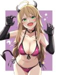  1girl absurdres ahoge bangs bikini black_choker black_gloves blonde_hair blush breasts choker claw_pose cleavage commentary cowboy_shot demon_horns demon_tail elbow_gloves fangs front-tie_bikini front-tie_top gloves green_eyes half-closed_eyes haruki_(haruki678) heart heart_choker highres horns hoshii_miki idolmaster idolmaster_(classic) large_breasts long_hair looking_at_viewer navel open_mouth outside_border purple_background purple_bikini side-tie_bikini smile solo standing star_(symbol) swimsuit tail 