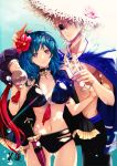  1boy 1girl bikini black_bikini blonde_hair blue_cape blue_eyes blue_hair breasts byleth_(fire_emblem) byleth_(fire_emblem)_(female) cape cleavage closed_mouth cup dimitri_alexandre_blaiddyd eyepatch fire_emblem fire_emblem:_three_houses fire_emblem_heroes flower glass hair_flower hair_ornament holding holding_cup kero_sweet large_breasts parted_lips smile swimsuit 
