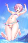  1girl barefoot bikini blue_sky bosshi cloud fate/grand_order fate_(series) hair_over_one_eye highres jumping looking_at_viewer mash_kyrielight navel purple_eyes purple_hair short_hair side-tie_bikini sky smile solo striped striped_bikini swimsuit thigh_gap 