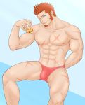  1boy abs alcohol arm_behind_back bara beard bikini_briefs blue_eyes brown_hair bulge chest commentary_request drink facial_hair fate/grand_order fate_(series) highres ice ice_cube looking_at_viewer male_focus male_swimwear muscle napoleon_bonaparte_(fate/grand_order) nipples one_eye_closed pectorals porkjinta scar simple_background smile solo swim_briefs swimwear underwear underwear_only upper_body whiskey 