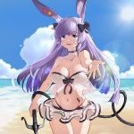  1girl :d animal_ear_fluff animal_ears arknights bandeau bangs bare_arms bare_shoulders beach bikini bikini_skirt black_bow blue_sky bow breasts bunny_ears cleavage cloud commentary cowboy_shot day english_commentary eyebrows_visible_through_hair grappling_hook groin hair_bow heart holding large_breasts long_hair looking_at_viewer microskirt navel ocean okran open_mouth oripathy_lesion_(arknights) outdoors purple_eyes purple_hair reaching_out rope_(arknights) skirt sky smile solo standing star_(symbol) stomach strapless strapless_bikini swimsuit thighs water white_skirt 