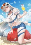  1girl arknights arm_support bangs bare_shoulders barefoot black_choker blue_shorts blue_sky blush breasts chinese_commentary choker cleavage cloud commentary_request cup cupping_glass day drinking_straw eyewear_on_head hair_between_eyes hair_ornament highres holding holding_cup kneeling large_breasts long_hair looking_at_viewer low-tied_long_hair nail_polish navel no_hat no_headwear off-shoulder_shirt off_shoulder red_eyes shirt short_shorts short_sleeves shorts silver_hair skadi_(arknights) sky smile solo stomach sunglasses thigh_strap thighs very_long_hair whale_hair_ornament white_shirt xiaochentan 