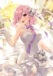  1girl bangs bare_shoulders blush breasts dress fate/grand_order fate_(series) flower gloves hair_flower hair_ornament hair_over_one_eye large_breasts lavender_hair looking_at_viewer mash_kyrielight open_mouth purple_eyes rosuuri short_hair smile white_dress white_gloves 